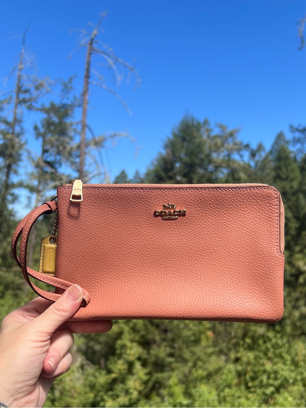 COACH Double Zip Phone Wristlet Wallet Peachy Color w Gold Hardware AUTHENTIC